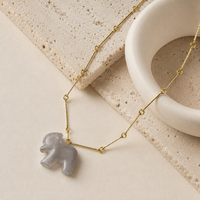 18KT Gold Plated Bar Link Chain Necklace with Carved Natural Stone Elephant Pendant