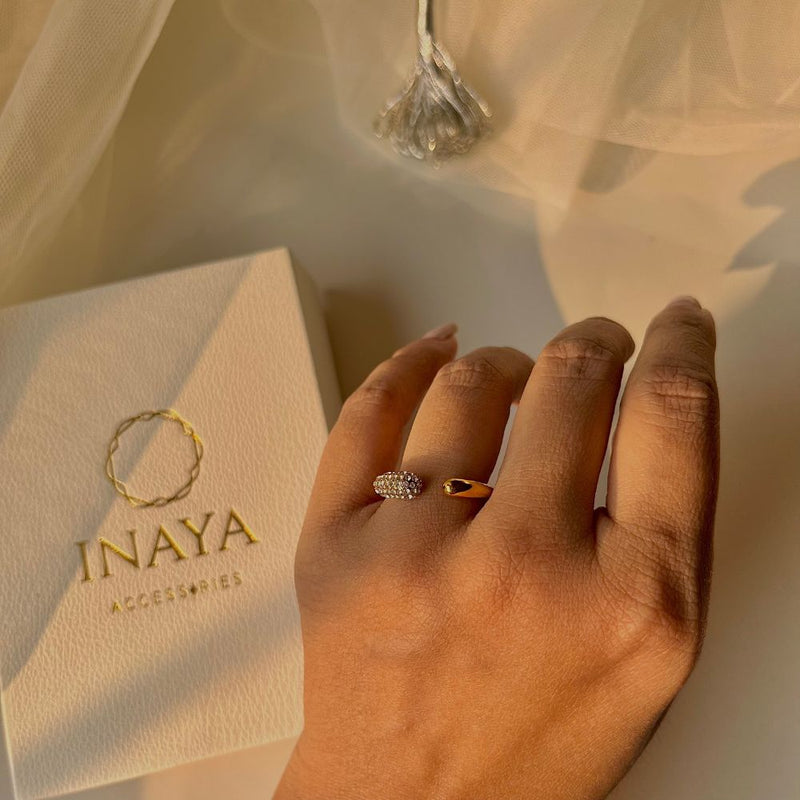 18Kt Gold Plated Crescent Zirconia Ring, Iris - Inaya Accessories