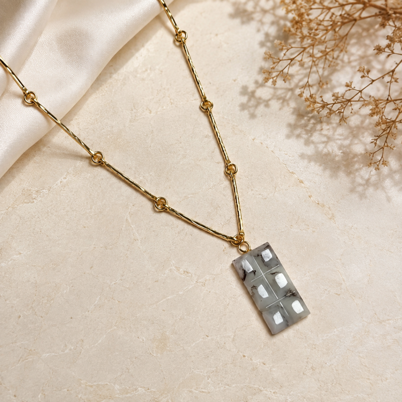 18KT Gold Plated Bar Link Chain Necklace with Carved Natural Stone Chocolate Bar Pendant
