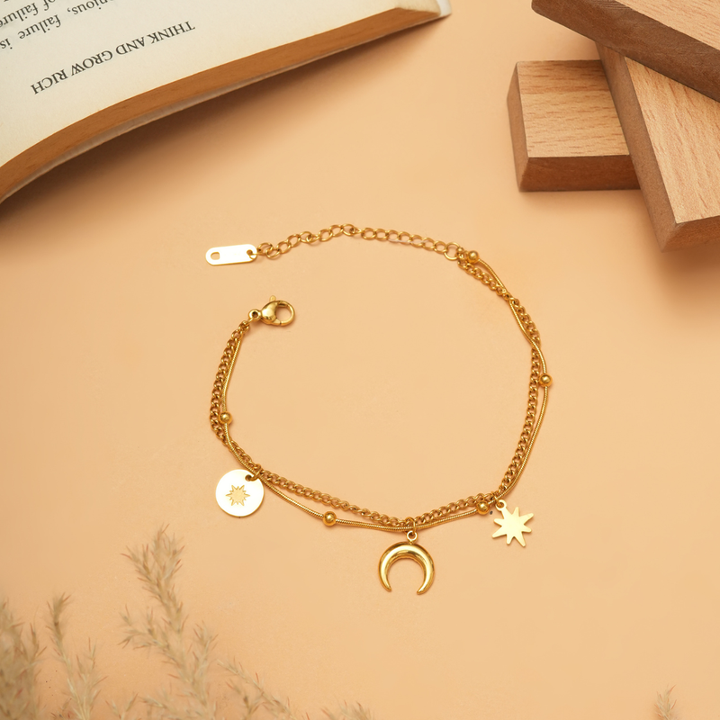 18 Kt Gold Plated Moon Star Charm bracelet, Francessca