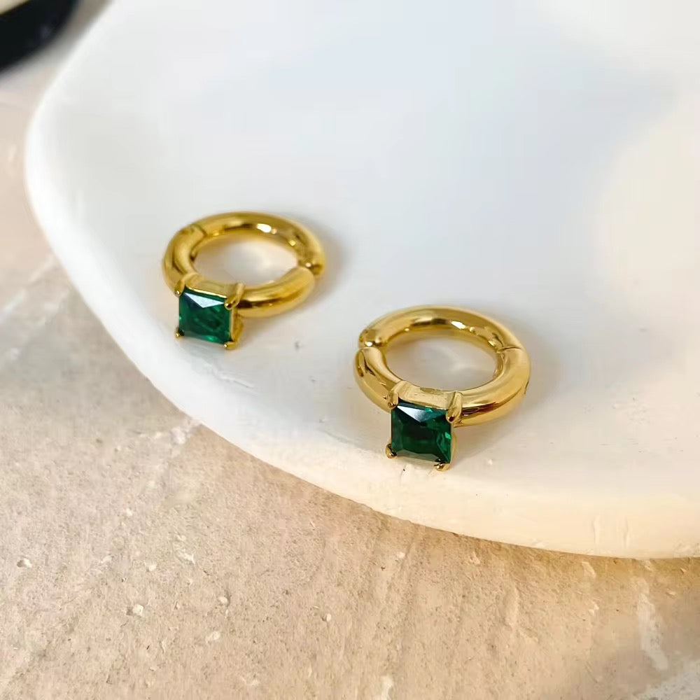 18kt Gold Plated Emerald Square Zircon Cuff Earrings, Lopa(No Piercing required)