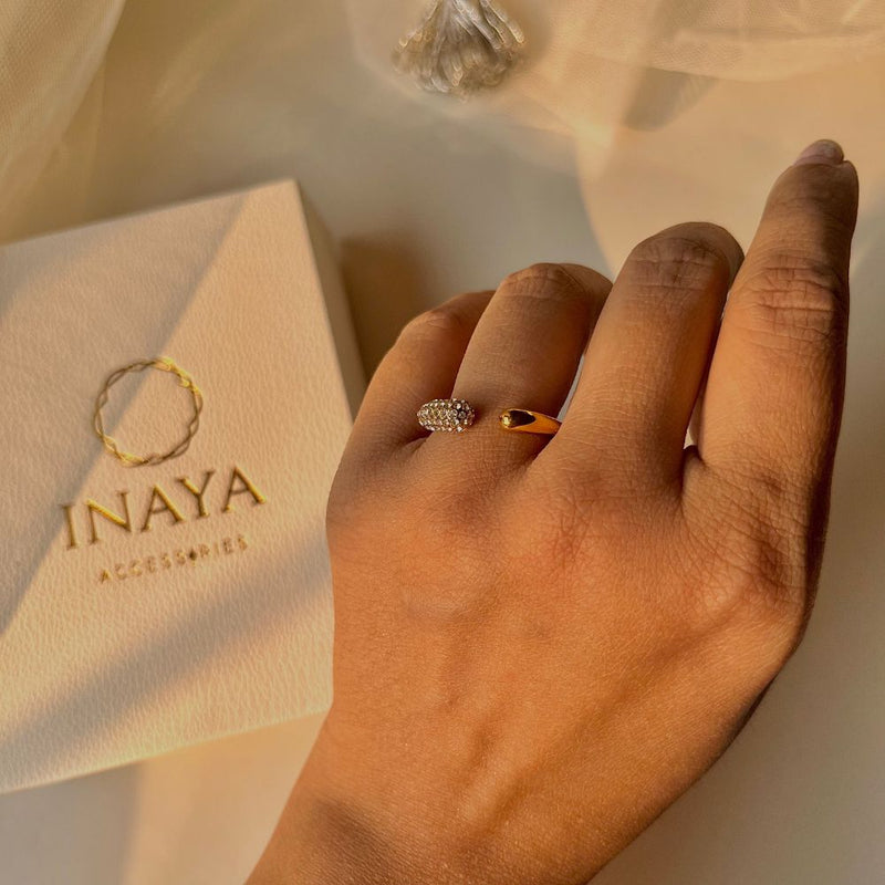 18Kt Gold Plated Crescent Zirconia Ring, Iris - Inaya Accessories