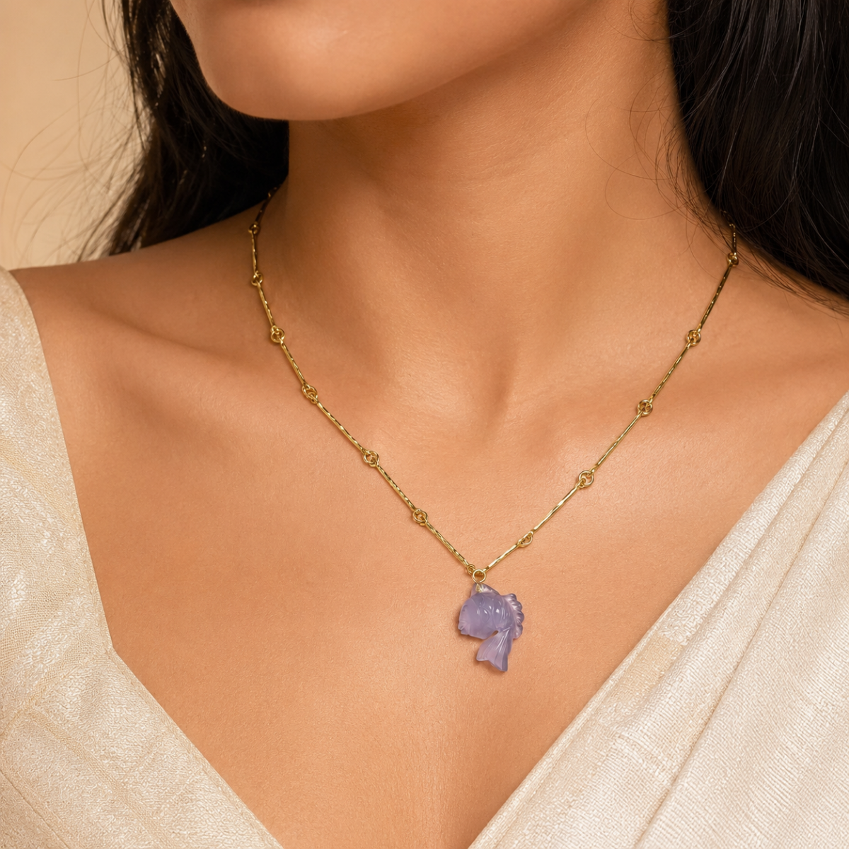 18kt gold plated bar link chain necklace with carved natural stone nemo pendant