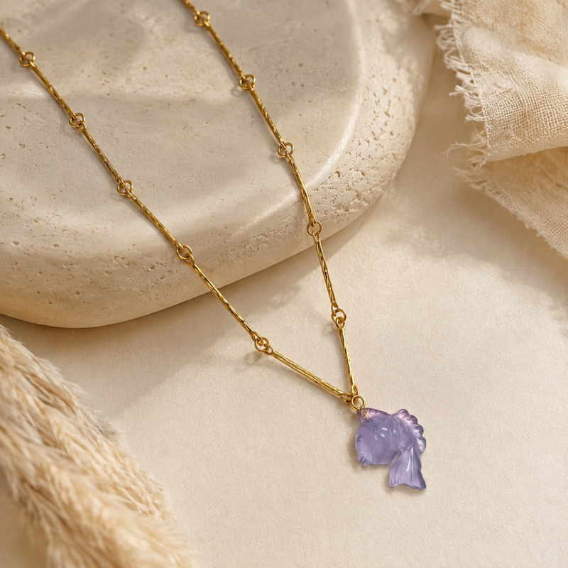 18KT Gold Plated Bar Link Chain Necklace with Carved Natural Stone Nemo Pendant