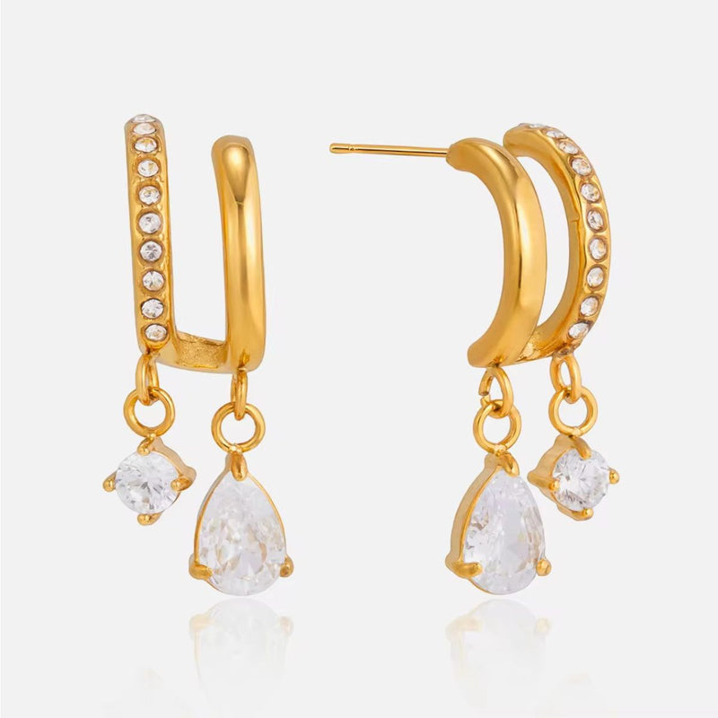 18K Gold Plated Layered Floral Drop Sparkly Earrings, Falak