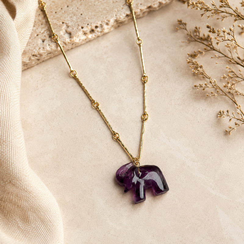18KT Gold Plated Bar Link Chain Necklace with Carved Natural Stone Elephant Pendant