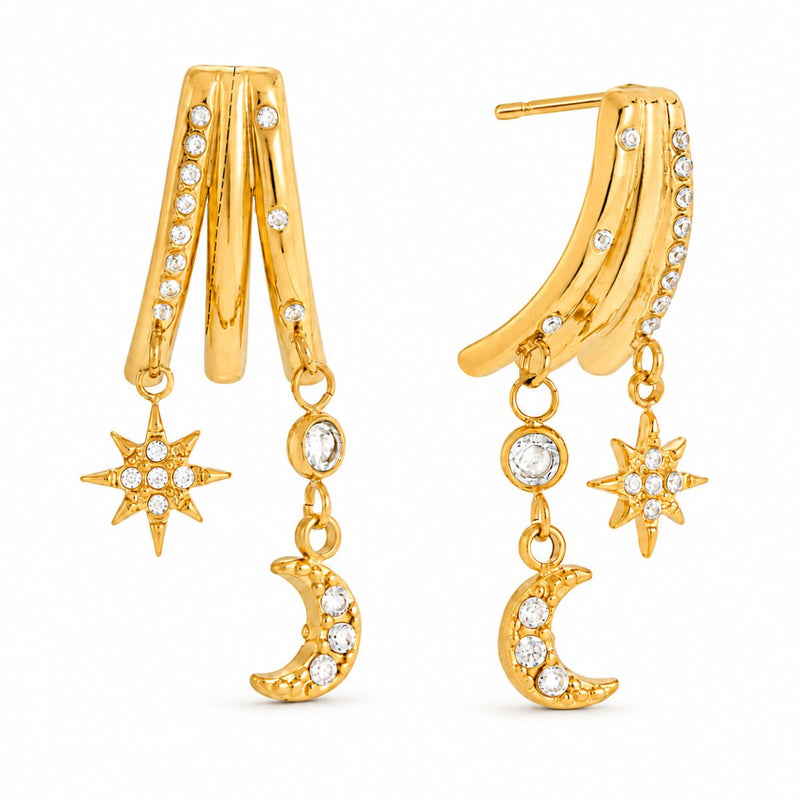 18K Gold plated Astra Sun Moon Dangler Earrings, Romi