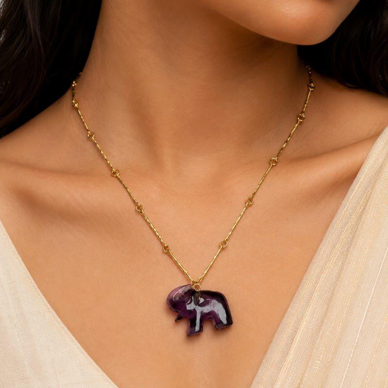 18KT Gold Plated Bar Link Chain Necklace with Carved Natural Stone Elephant Pendant