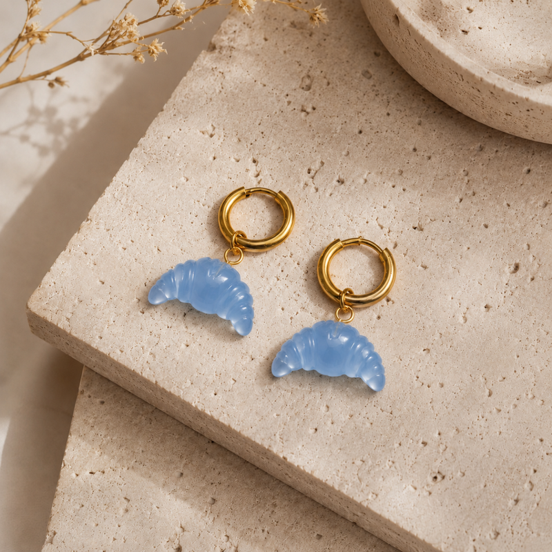 18kt Gold Plated Carved Natural Stone Croissant Drop Earrings
