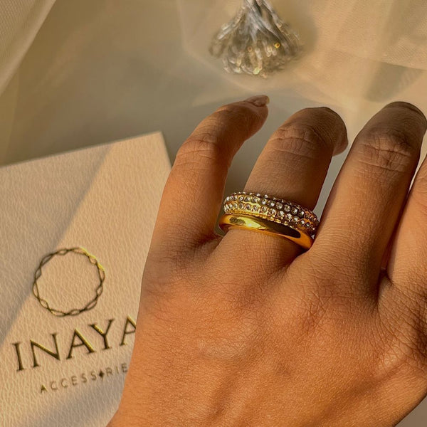 18Kt Gold Plated Double Chunky Zircon Studded Ring, Faye - Inaya Accessories