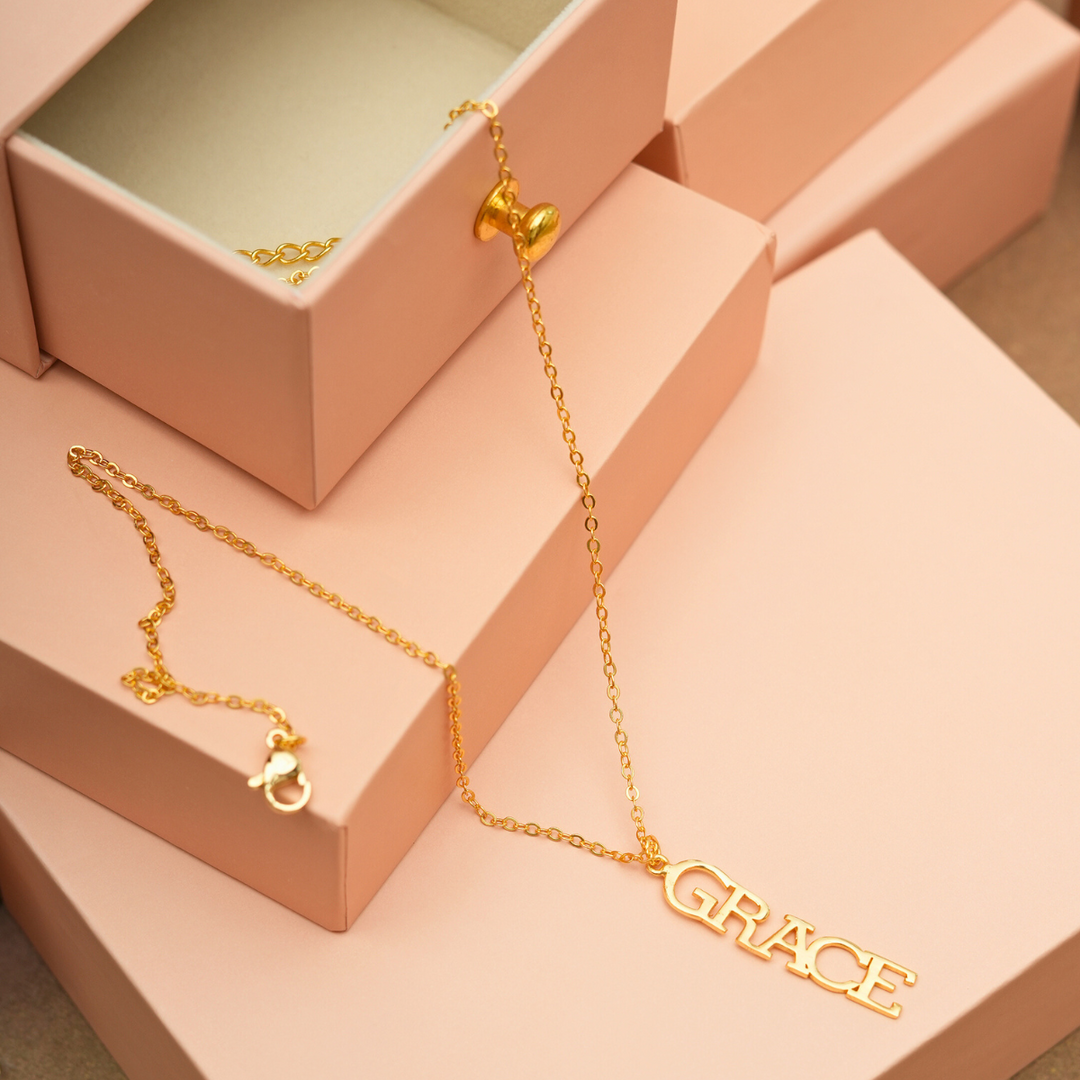 Inaya 18 KT Gold Plated Stainless Steel Capital Vertical Name Necklace