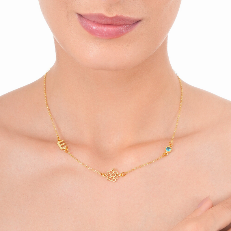 Inaya 18 KT Gold Plated Stainless Steel Personalised Initial, Flower & Birthstone Necklace