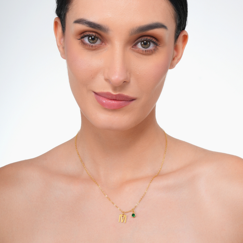 Inaya 18 KT Gold Plated Stainless Steel Chic Hanging Initial & Birthstone Necklace