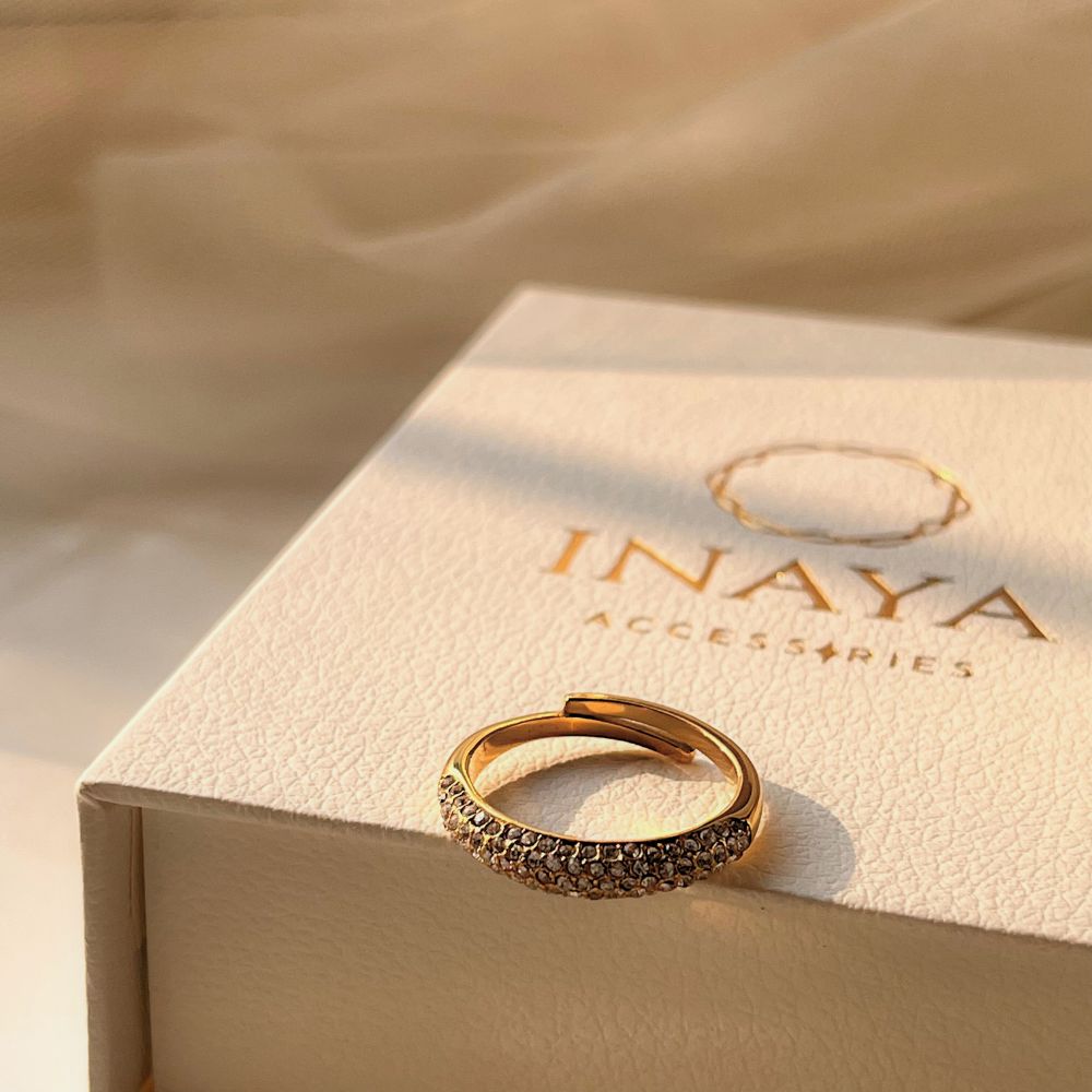 18Kt Gold Plated Sleek Dome Zircon Studded Adjustable Ring, Krystal - Inaya Accessories