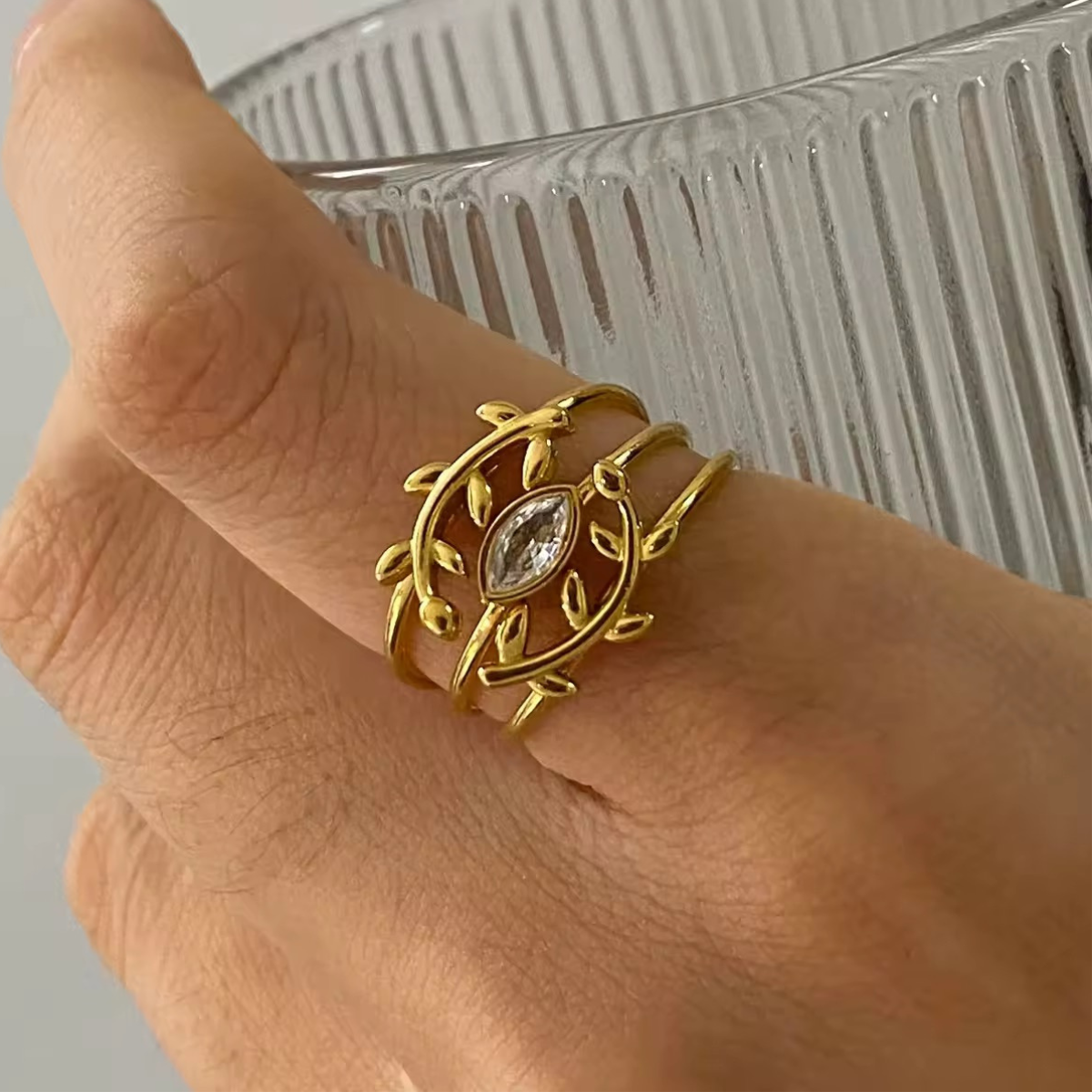 18kt gold plated marquise leaf triple band ring – willow