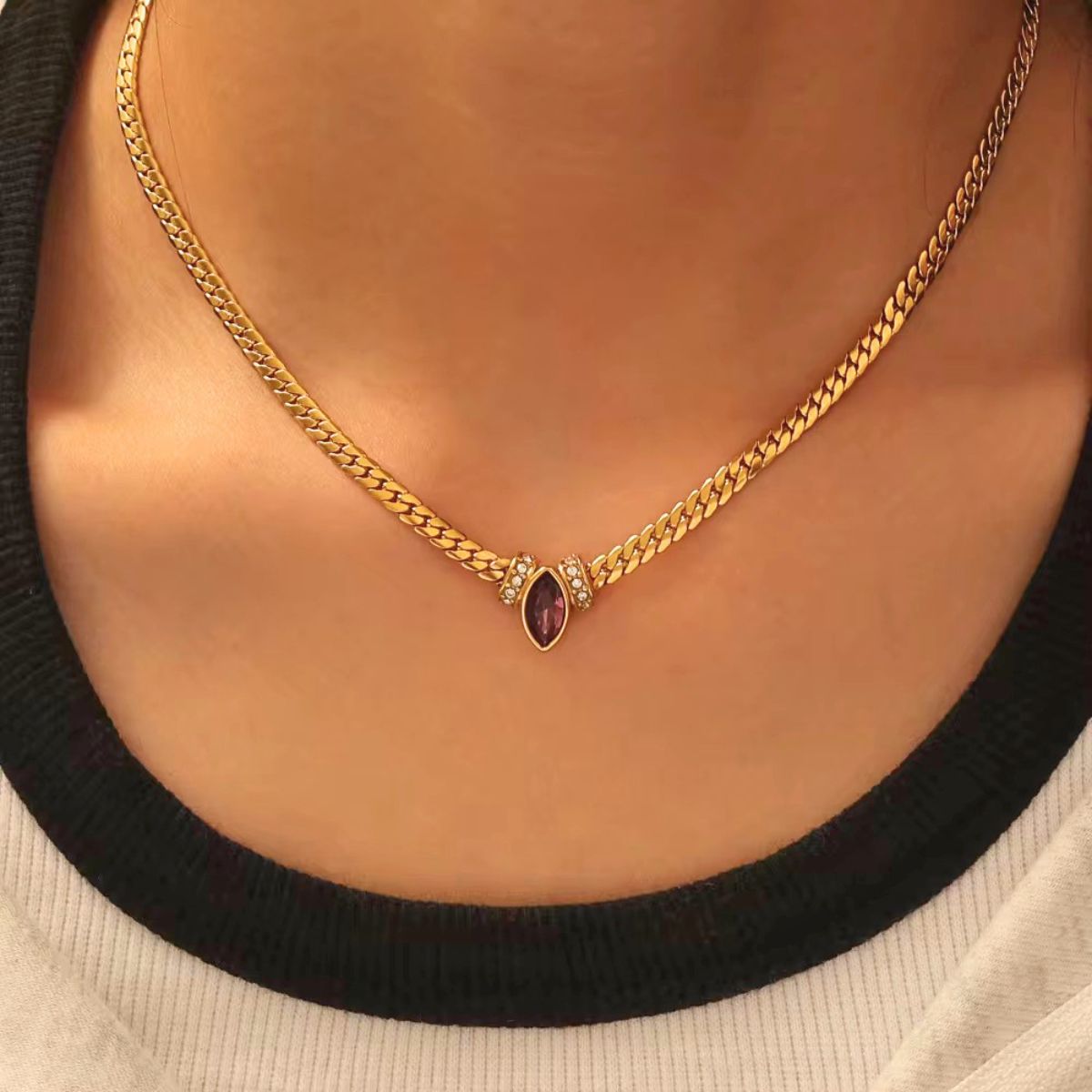 18k gold plated marquise stone snake chain necklace, soni