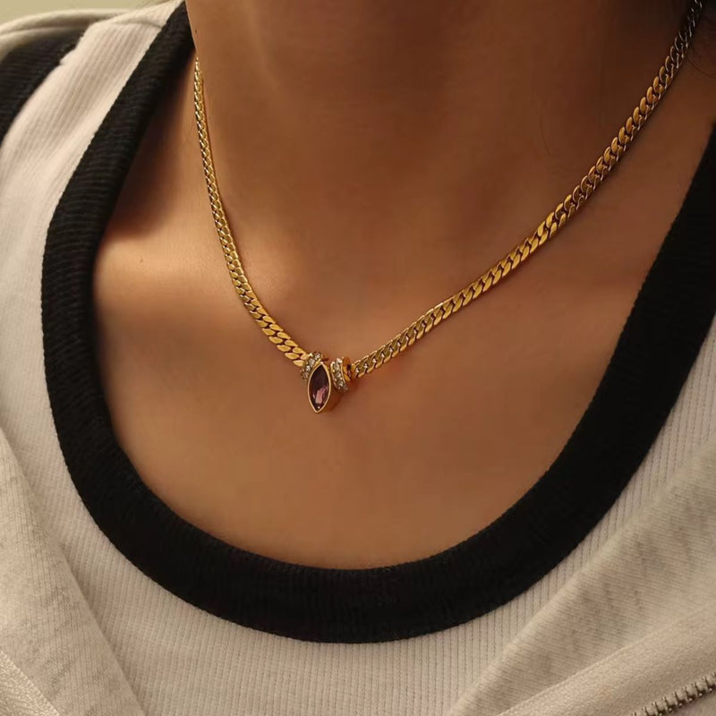 18K Gold Plated Marquise Stone Snake Chain Necklace, Soni