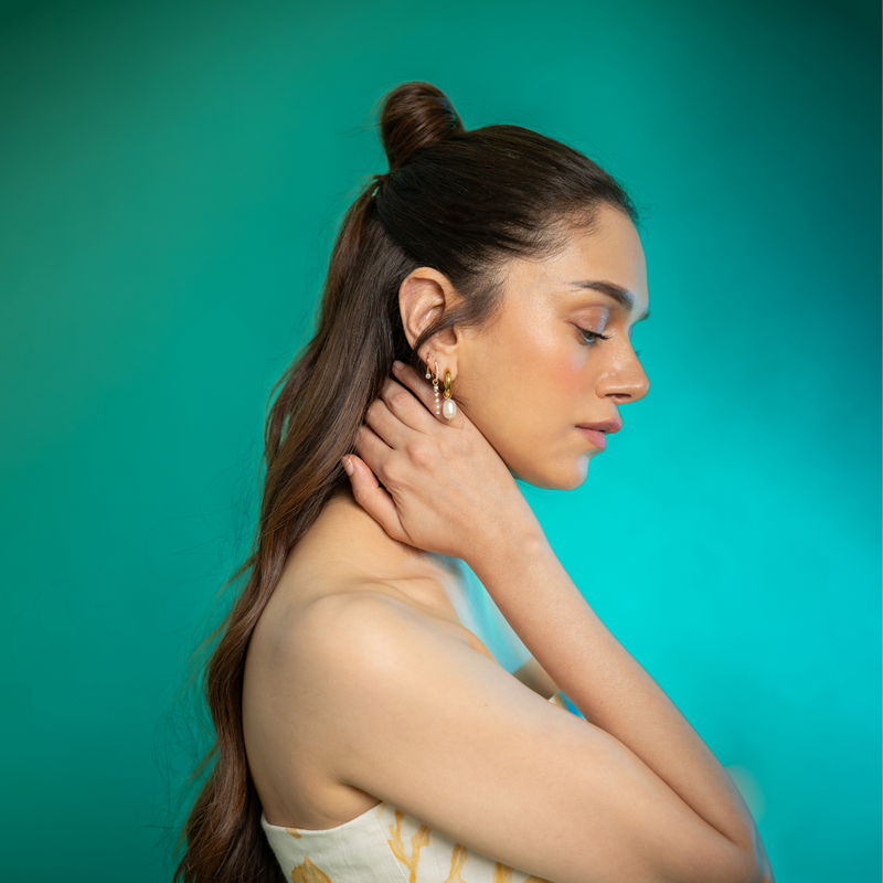 18kt Gold Plated Stainless Steel Freshwater Pearl Drop Earrings, Mukta