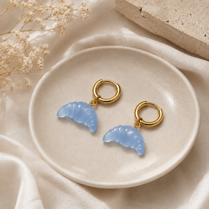 18kt Gold Plated Carved Natural Stone Croissant Drop Earrings