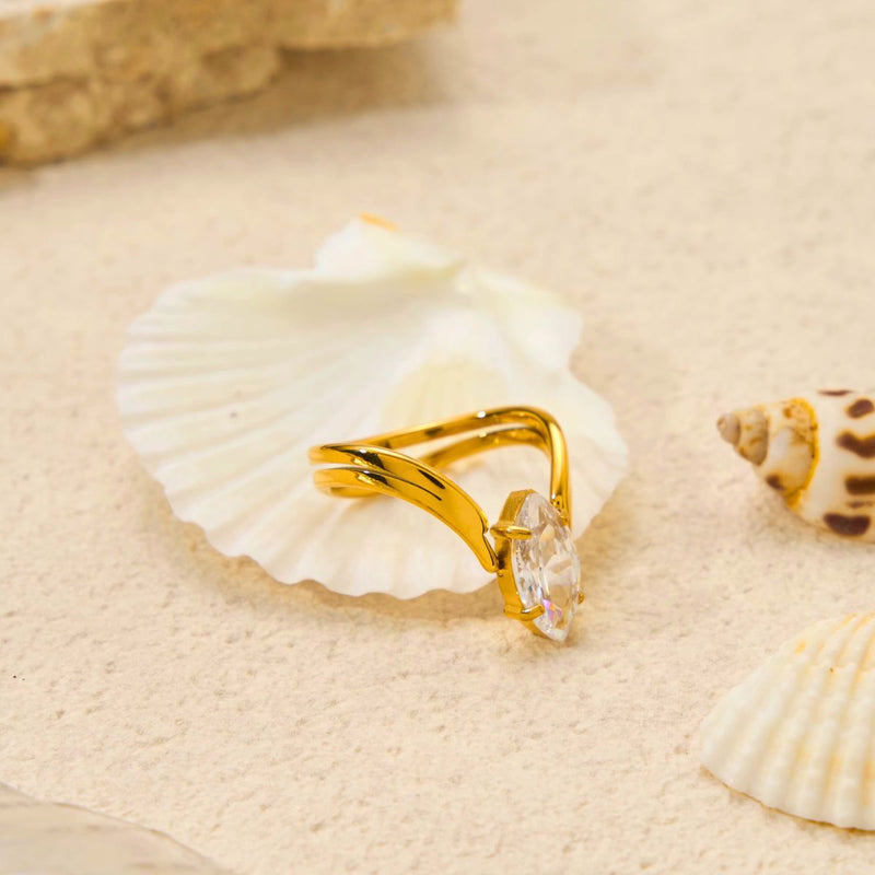 18K Gold Plated Marquise V-Shape Ring, Glam