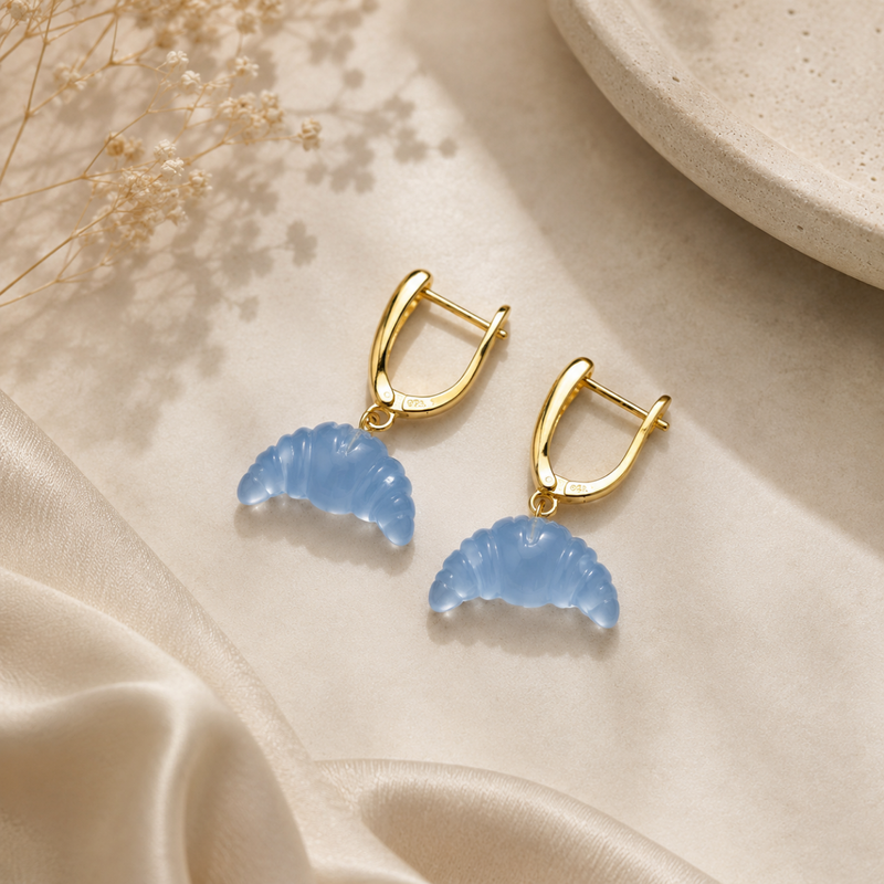 18kt Gold Plated Carved Natural Stone Croissant V shaped Earrings