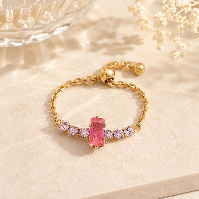 18K Gold Plated Adjustable Crystal Chain Ring, Ria