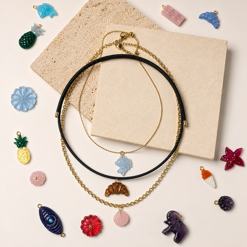 18KT Gold Plated Personalised Carved in Stone Charm Necklace, The Maya Collection