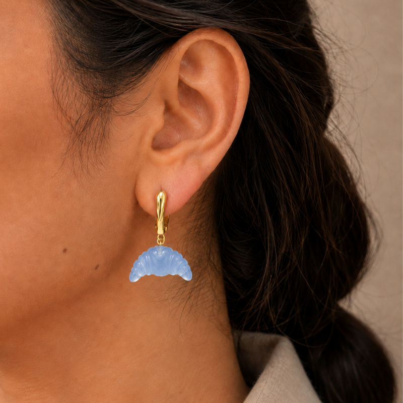 18kt Gold Plated Carved Natural Stone Croissant V shaped Earrings