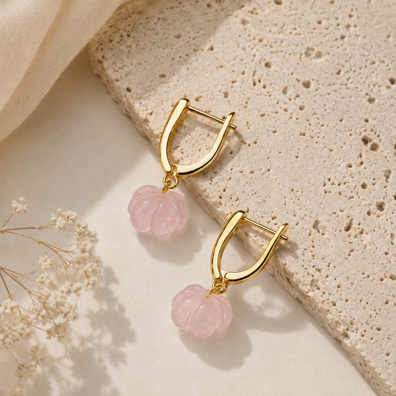18K Gold Plated Carved Natural Stone Jhumka Drop Earrings