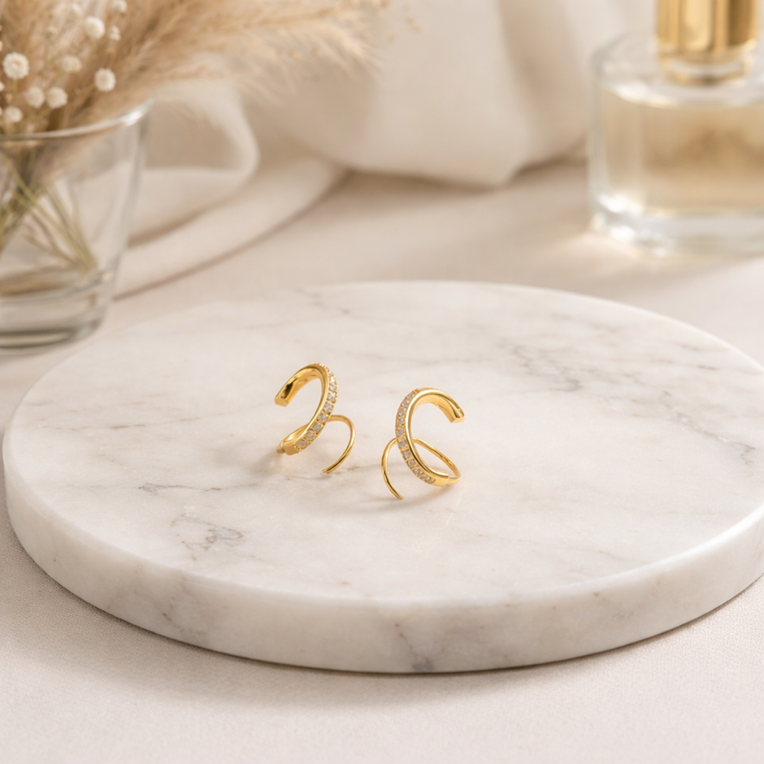 18kt Gold Plated Winding Illusion Diamond Studded Double Hoop Earrings, Chloe
