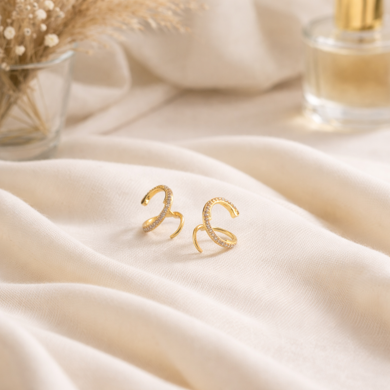 18kt Gold Plated Winding Illusion Diamond Studded Double Hoop Earrings, Chloe