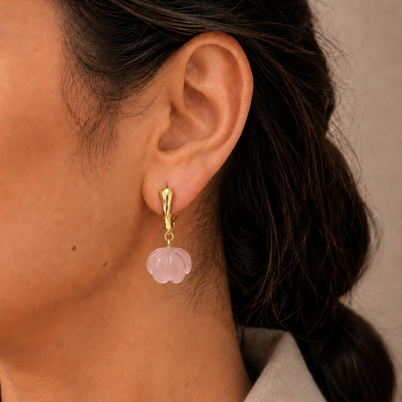 18K Gold Plated Carved Natural Stone Jhumka Drop Earrings