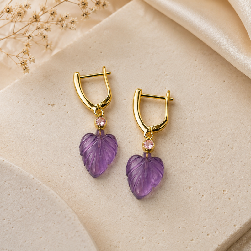 18KT Gold Plated V Hoop Earrings with Carved Natural Stone Leaf Pendant