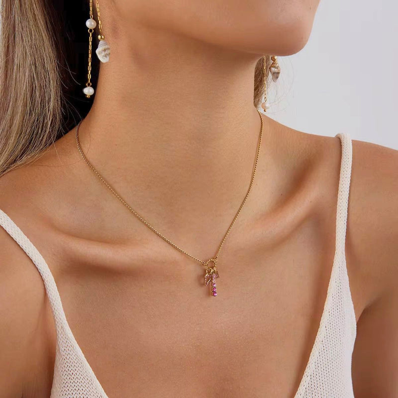 18K Gold Plated Pink Charm Layered Necklace, Kyra