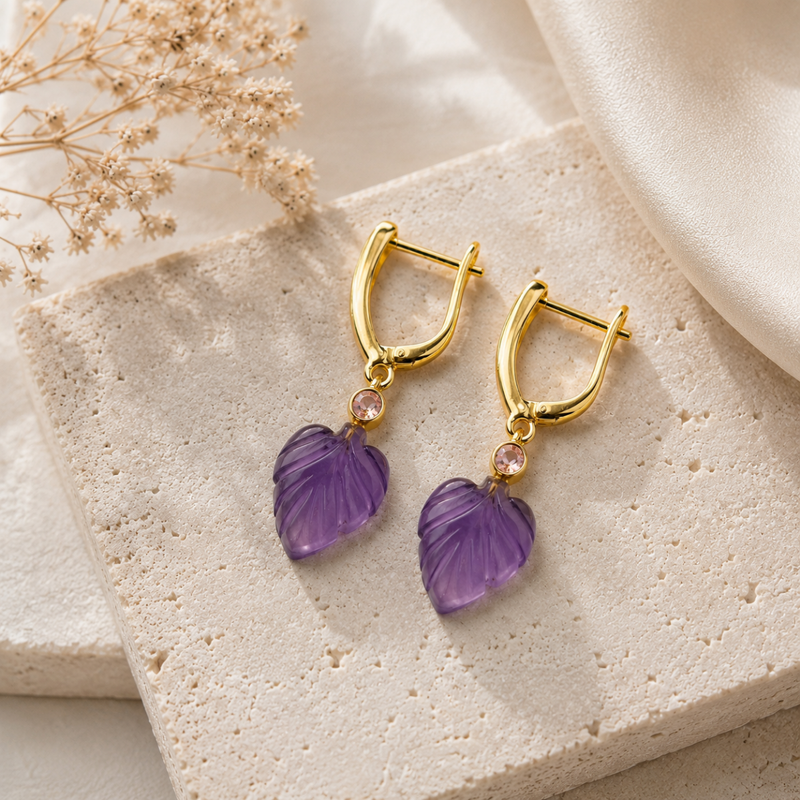 18KT Gold Plated V Hoop Earrings with Carved Natural Stone Leaf Pendant
