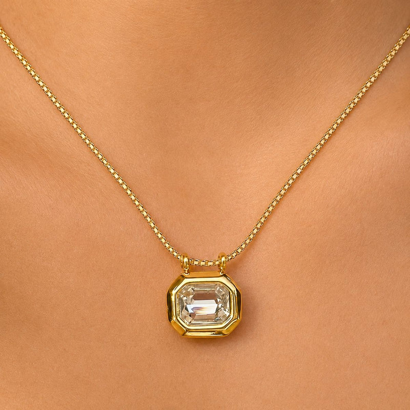 18K Gold Plated Square Crystal Pendant Chain Necklace, Monaco
