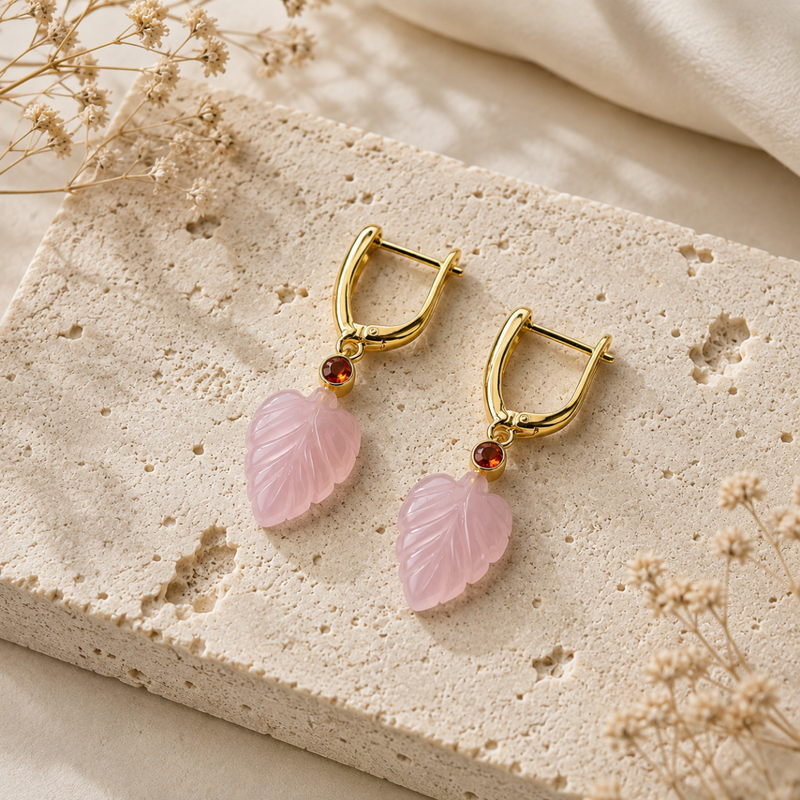 18KT Gold Plated V Hoop Earrings with Carved Natural Stone Leaf Pendant