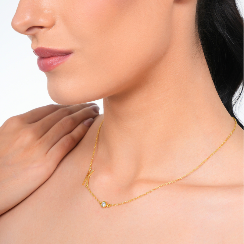 Inaya 18 KT Gold Plated Stainless Steel Chic Initial & Birthstone Necklace