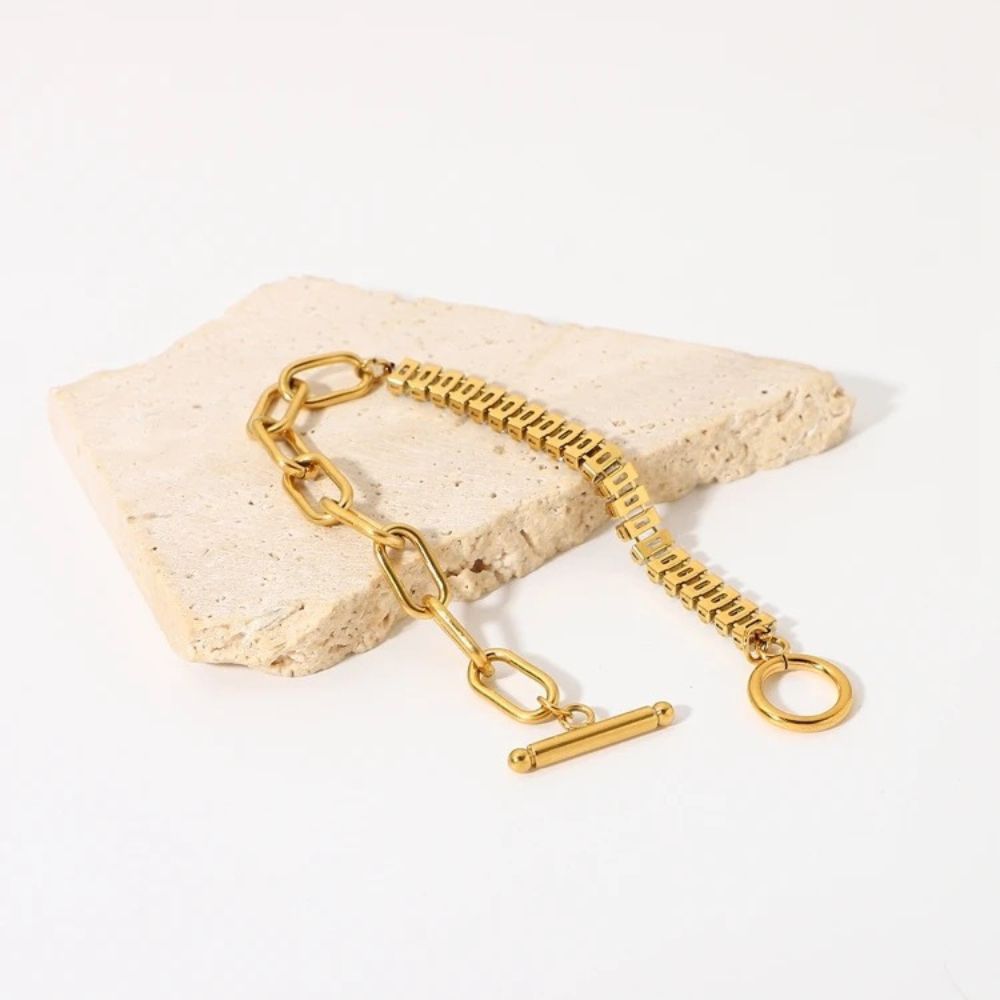 18Kt Gold Plated Tennis Link Toggle Clasp Bracelet, Nira - Inaya Accessories