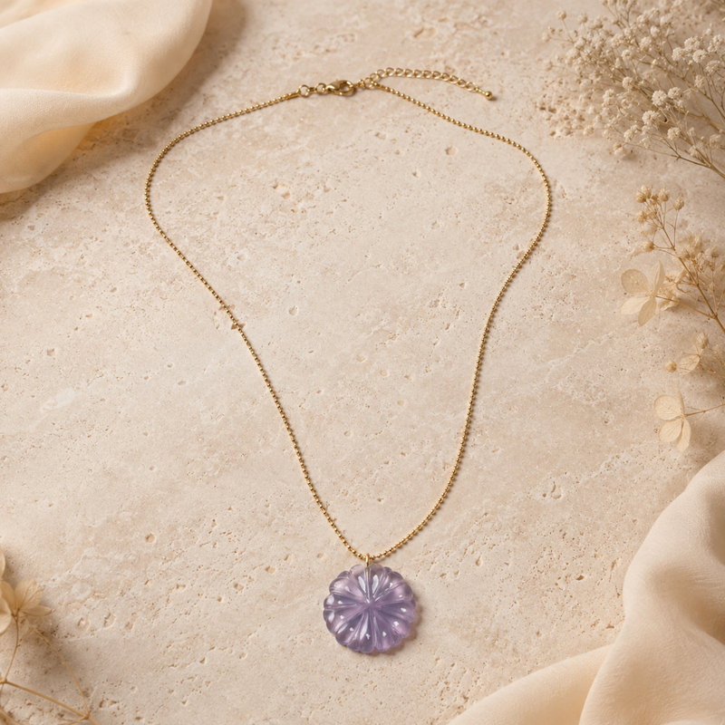 18kt Gold Plated Carved Natural Stone Bloom Ball Chain Necklace