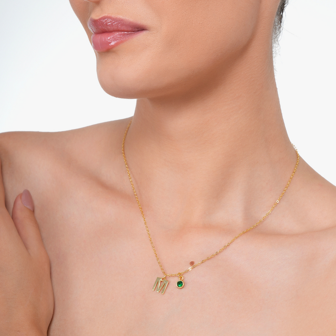 Inaya 18 KT Gold Plated Stainless Steel Chic Hanging Initial & Birthstone Necklace