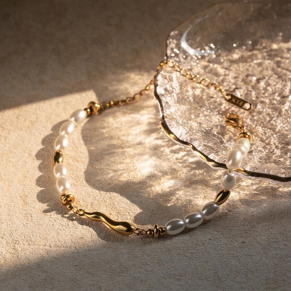 18kt gold plated glass pearl beads chain bracelet, harper   inaya accessories