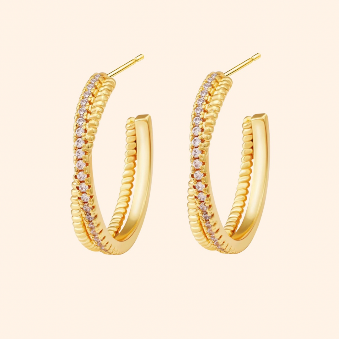 18kt Gold Plated Dual Bar Cubic Zirconia Studded Statement Hoops, Aria