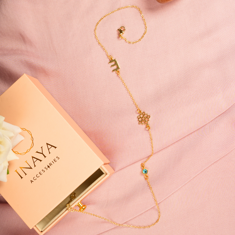 Inaya 18 KT Gold Plated Stainless Steel Personalised Initial, Flower & Birthstone Necklace
