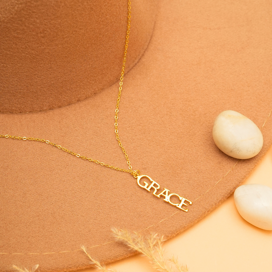 Inaya 18 KT Gold Plated Stainless Steel Capital Vertical Name Necklace