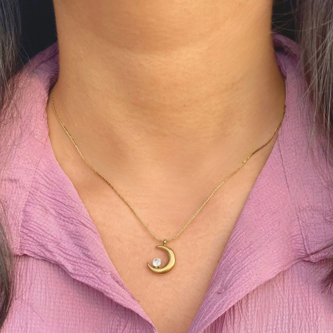 18kt Gold Plated Statement Crescent Moon Zircon Necklace, Coral