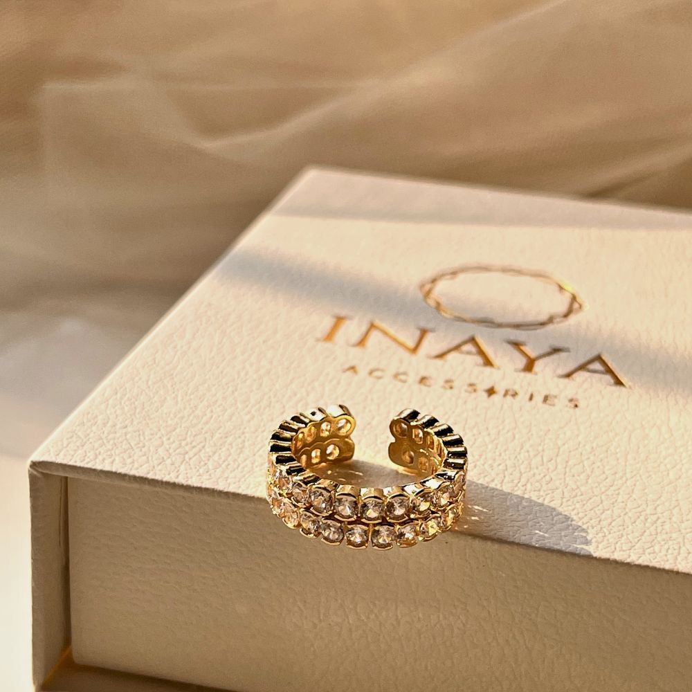 18kt Gold Plated Stackable Double Round Zircon Open Adjustable Ring, Delilah - Inaya Accessories