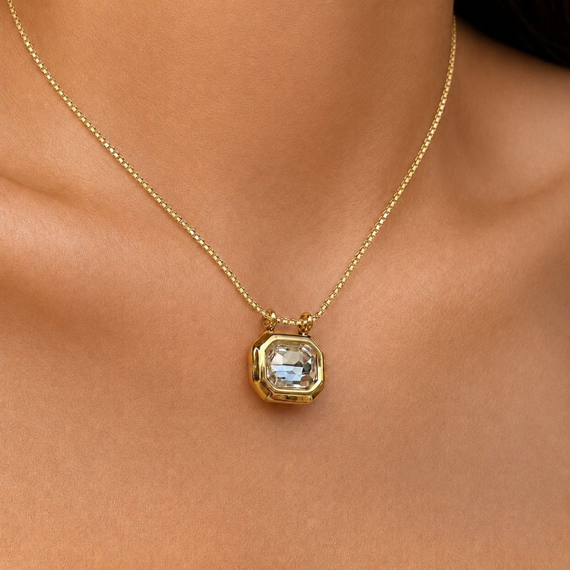 18K Gold Plated Square Crystal Pendant Chain Necklace, Monaco