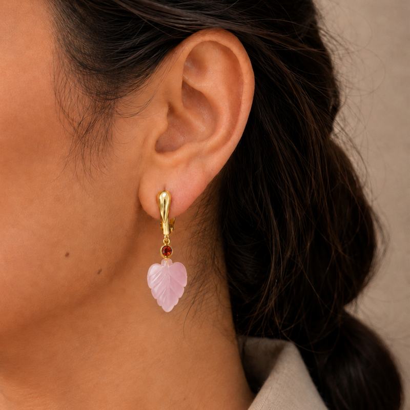 18KT Gold Plated V Hoop Earrings with Carved Natural Stone Leaf Pendant