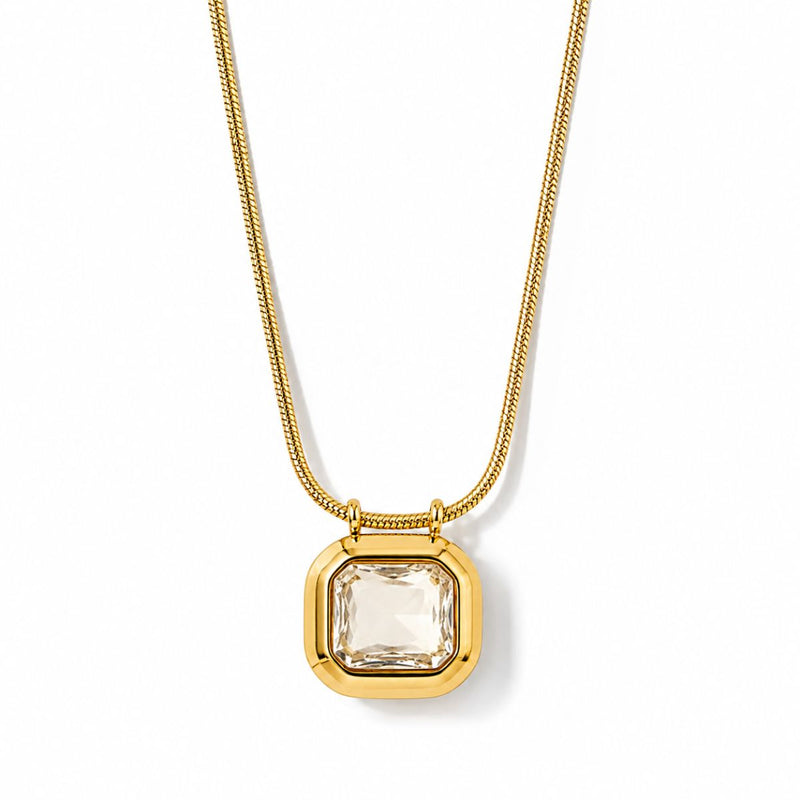 18K Gold Plated Square Crystal Pendant Chain Necklace, Monaco